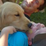 Child getting licked by golden with peanut butter on face